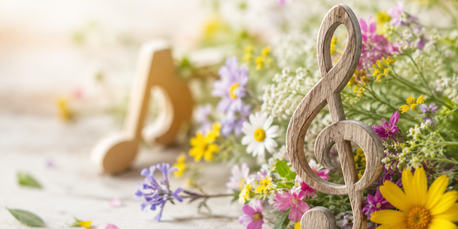 Notenschlüssel aus Holz vor einem sommerlichen Blumenstrauß