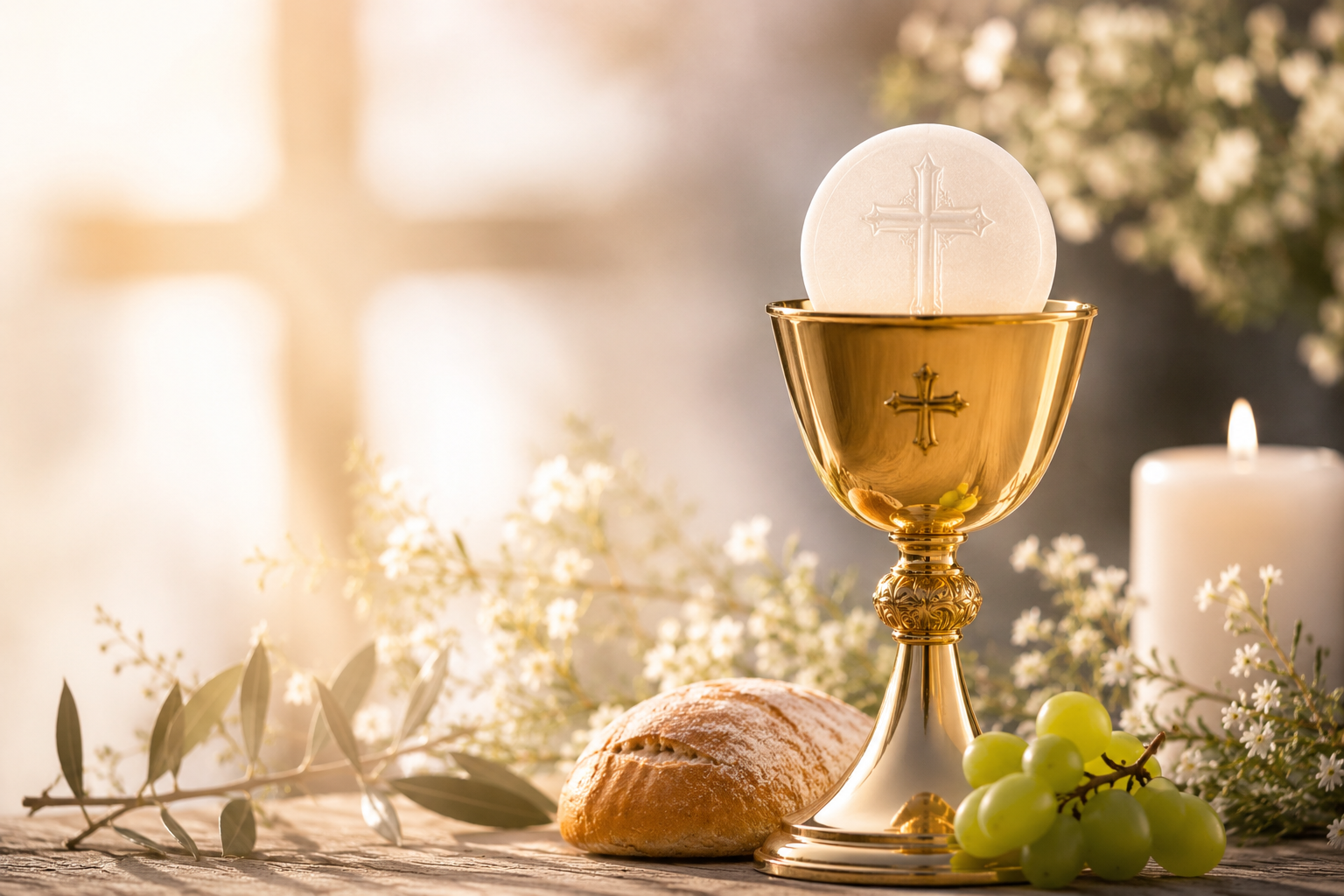 Ein goldener Kelch mit einer Hostie, im Hintergrund ein Kreuz