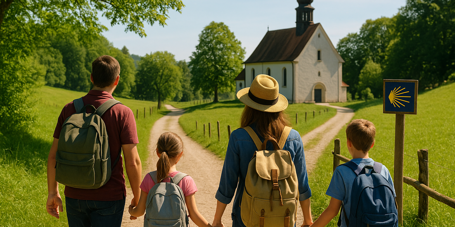 eine vierköpfige Familie wandert zu einer Kirche