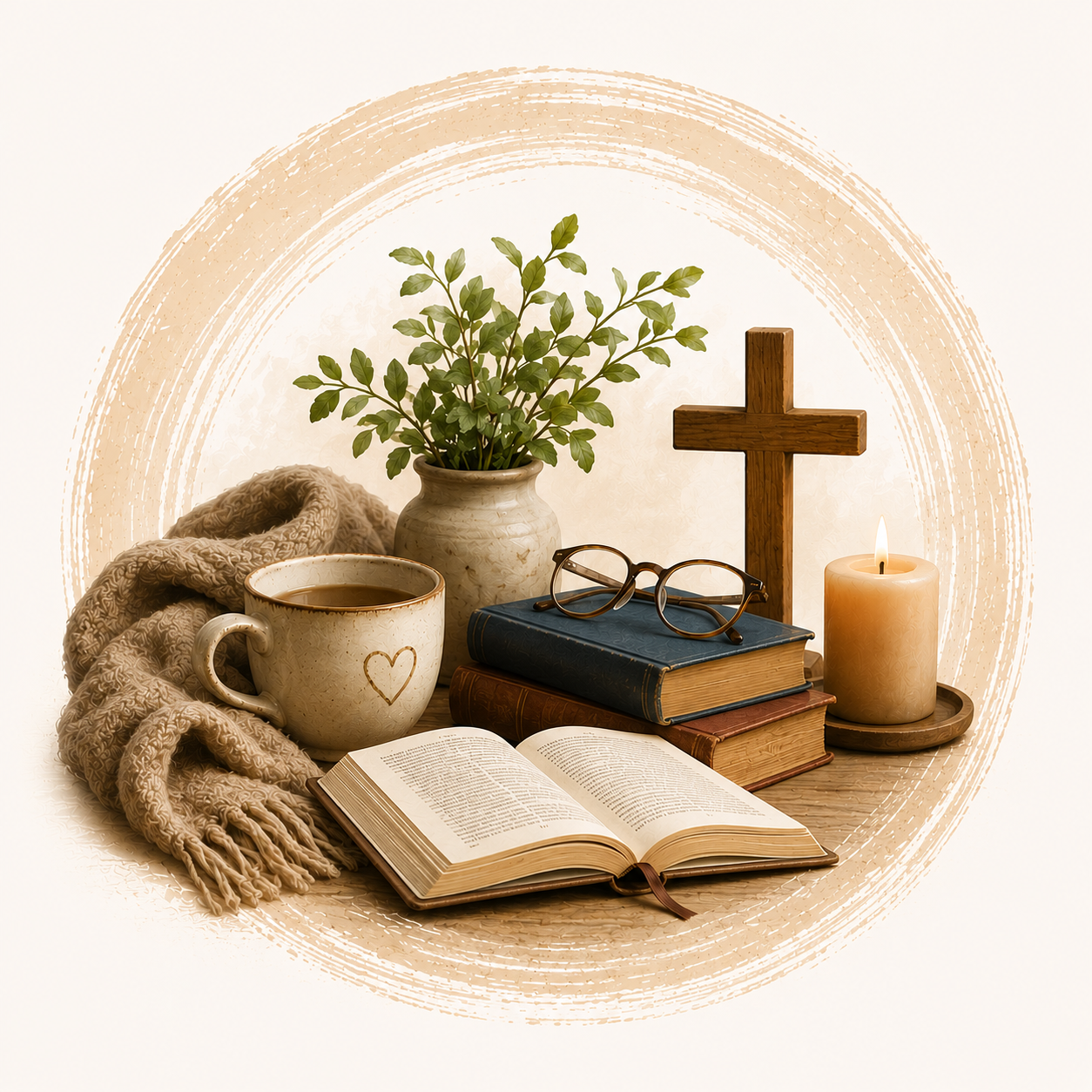 Eine Tasse Tee, Bücher mit Brille, Schal und Kreuz