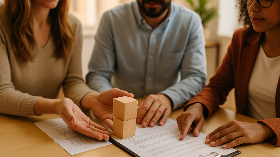 Drei Menschen sitzen zusammen am Tisch und arbeiten im Team