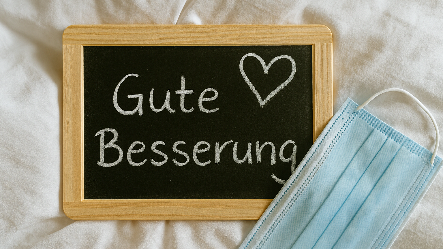 eine Tafel mit 'Gute Besserung', daneben eine Maske